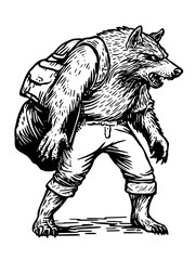 Fototapeta premium Mighty bear traveler in rugged attire journeys through a wild, untamed landscape with gear in tow