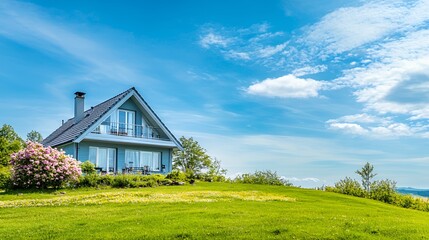 Obraz premium Blue House on a Green Hillside Under a Sunny Sky