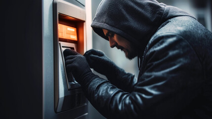 ATM fraud in action. Hooded criminal attempting to hack automated teller machine. Cybercrime, financial security threat concept. Banking system vulnerability, identity theft, illegal cash withdrawal