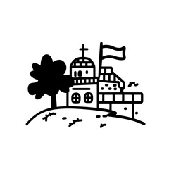 Naklejka premium Charming illustration of a whimsical castle on a hill surrounded by trees against a clear sky