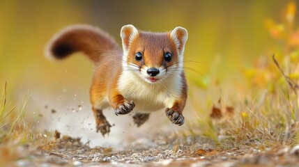 Red-footed weasel sprinting across autumnal path
