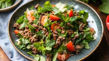 Fresh Mint and Beef Salad with Cherry Tomatoes on a Rustic Table Setting