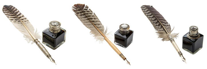 Set of A photo feather pen and ink isolated on a transparent background