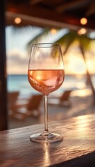 rosé pink wine in a chilled glass at the bar on the beach