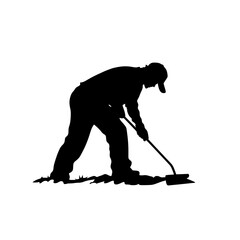 Obraz premium Gardener tending to soil with dedication in a tranquil outdoor setting during a bright morning