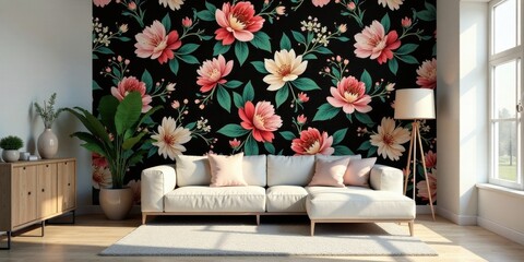Modern Living Room Interior Design Featuring a Vibrant Floral Wall Mural Accentuating a Comfortable Sectional Sofa and Stylish Decor