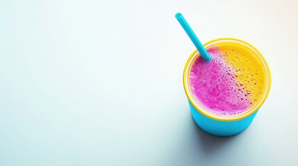 A colorful smoothie kids drink in a bright cup with a cute straw, placed on a white background with plenty of room for promotional content or text.