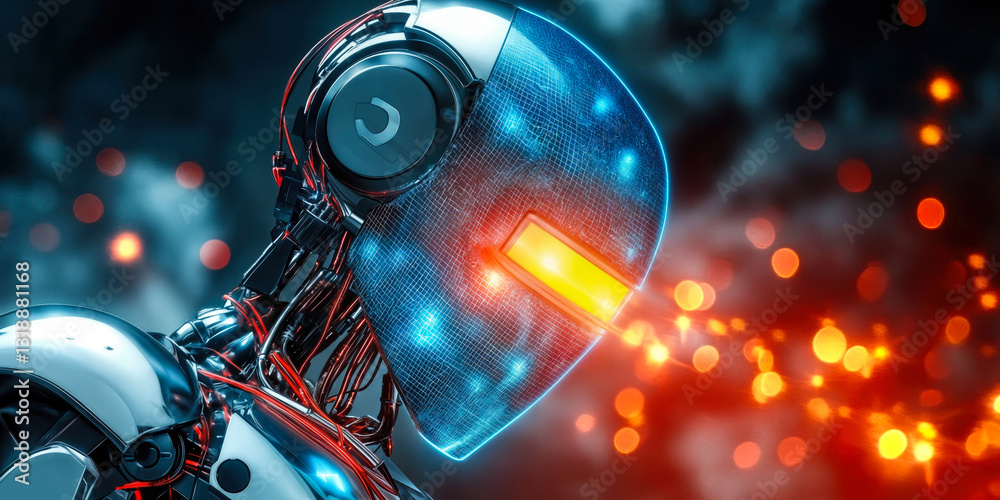 Poster futuristic robot with digital face display in virtual environment with glowing lights motion concept