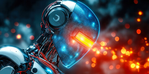 Fototapeta premium Futuristic Robot with Digital Face Display in Virtual Environment with Glowing Lights Motion Concept of Artificial Intelligence