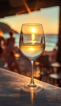 white wine in a chilled wine glass at the bar on the beach