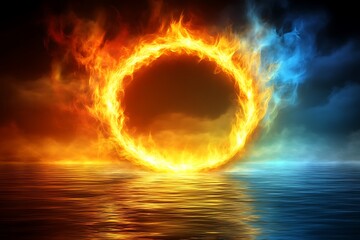 Fototapeta premium Fiery Ring of Fire Portal on Water with Dramatic Sky