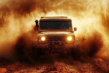 Obraz premium Off-road vehicle navigates through a dust storm at sunset in a remote desert landscape