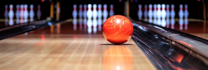A bowling ball is on the lane, ready to be thrown. The ball is red and has a white stripe. The bowling alley is dimly lit, creating a moody atmosphere