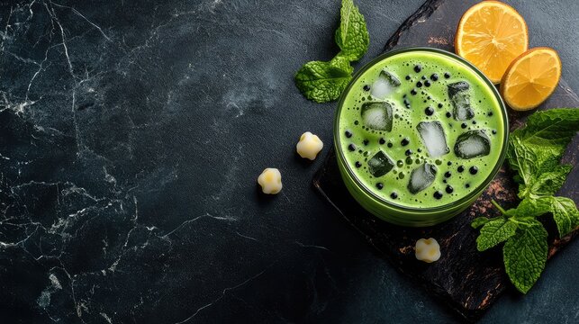 A delicious matcha bubble tea with ice cubes, creamy milk, and chewy tapioca pearls, placed on a dark marble countertop with space for event branding or text.