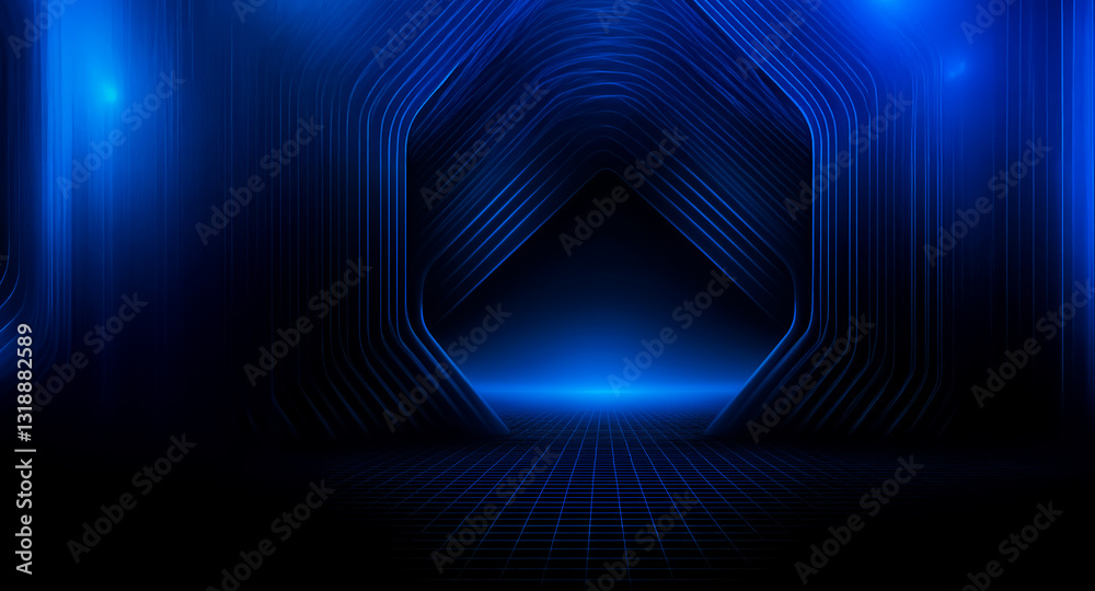 Aufkleber Abstract dark blue background featuring a geometric tunnel shape. A bright light source illuminates a grid floor, with streaks of light adding depth.
