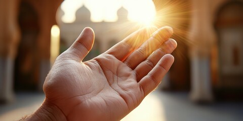 A hand covered in sand reaches towards the sun, set against a blurred architectural background, conveying warmth and serenity. Ramadan kareem concept.