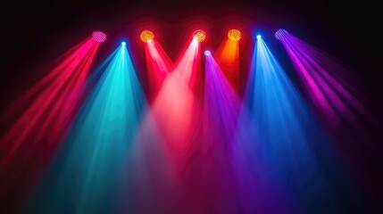 A dramatic view of concert lighting with multicolored beams shining down on an empty stage, casting dramatic light effects over the dark space, ideal for promotional text.