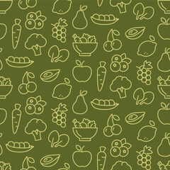 Food background, vegetables and fruits seamless pattern. Healthy eating. Carrot, pepper, broccoli, apple line icons. Vegetarian, farm grocery store.
