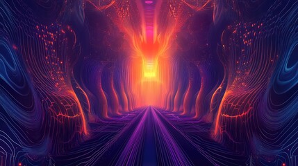 Fototapeta premium A dynamic concert stage with LED lighting, abstract design elements, and glowing patterns, offering ample space for event details or promotional text.