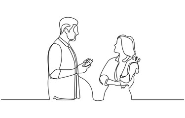One line drawing of man and woman office business meeting, continuous line drawing vector illustration with fully editable stroke of man woman talking.