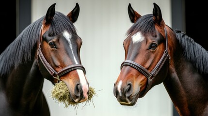 Naklejka premium Two Brown Horses Eating Hay in a Stable