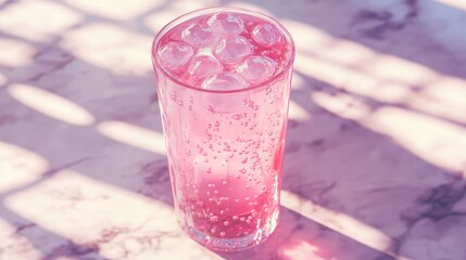 A glass of bubble tea with a fruity base and tapioca pearls, resting on a marble surface with clear space for event branding or promotional copy.