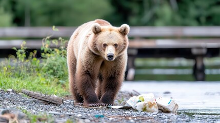 Obraz premium Young Brown Bear Near Lake with Plastic Waste