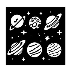 Colorful planets adorn the cosmic canvas in a whimsical design featuring unique celestial bodies and playful stars