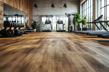 Modern gym interior featuring fitness equipment and wooden flooring during daylight hours in a spacious, well-lit environment