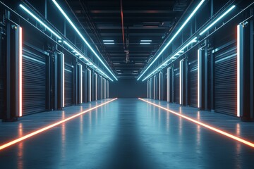 Obraz premium Brightly lit storage facility with neon lighting and garage doors in a modern industrial space