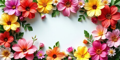 Obraz premium Vibrant Floral Border Featuring a Collection of Delightful Blossoms Arranged in a Symmetrical Pattern on a Light Background, Perfect for Invitations, Announcements, or Decorative Purposes