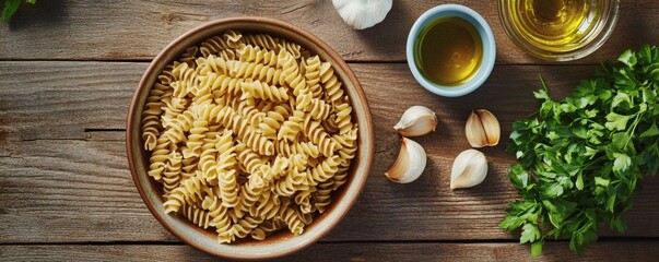 A top down view of pasta with ingredients displayed