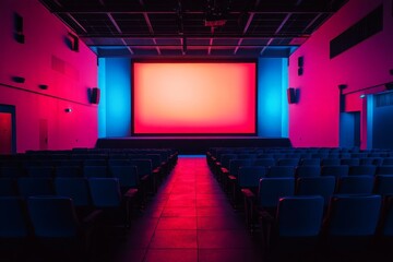 Theater interior with vibrant lighting and empty seats, creating an inviting atmosphere for movie watchers in the evening