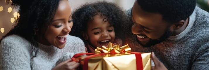 A joyful moment of a family exchanging Christmas gifts, with smiles and laughter. The festive season brings happiness and togetherness.