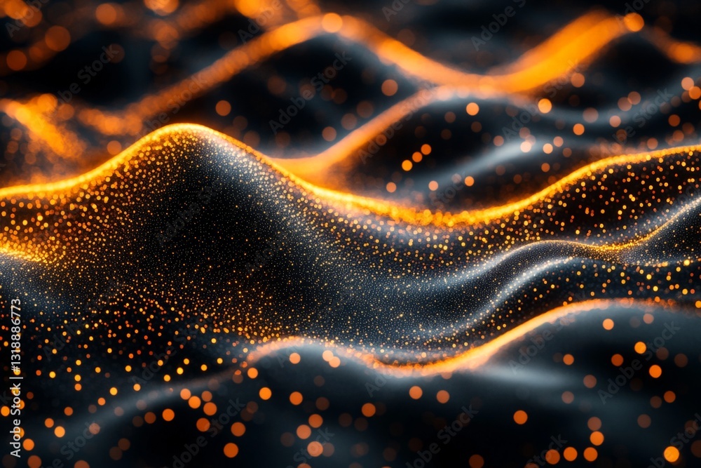 Poster wave-like pattern of illuminated particles creating an abstract landscape during a nighttime setting
