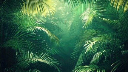A dense tropical rainforest with an array of lush foliage and sun filtering through the fog.