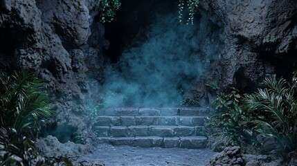 Mysterious Cave Entrance with Stone Steps and Blue Fog