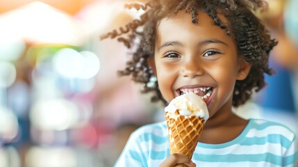 A young girl with curly hair smiles and laughs while eating an ice cream cone.