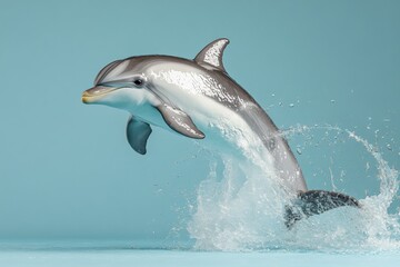 Obraz premium Dolphin leaps gracefully above the sparkling water in a vibrant ocean setting during the daytime