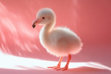 Fototapeta premium Cute baby flamingo standing against a soft pink background, showcasing its fluffy feathers and bright legs