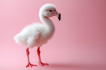 Fototapeta premium Cute baby flamingo stands on a pink background showcasing its fluffy white feathers and distinctive beak