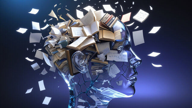 Chaotic Floating Books and Papers Inside Glass Head &ndash; Representing Mental Overload and Tension