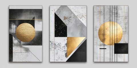 Abstract Gold Geometric Triptych Wall Art.