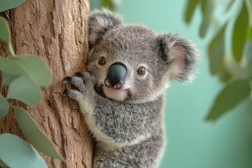 Obraz premium Koala cub climbs a eucalyptus tree in a cozy sanctuary during the afternoon