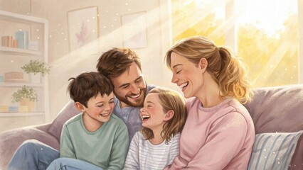 Obraz premium Joyful Family Moments in Cozy Living Room with Warm Light