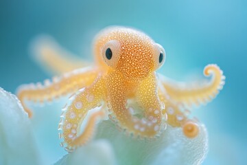 Small orange octopus resting on a coral in a vibrant underwater environment