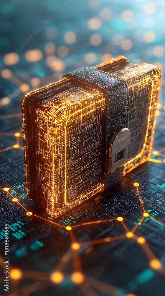 Poster glowing digital wallet icon with blockchain chains forming protective shield blockchain technology c