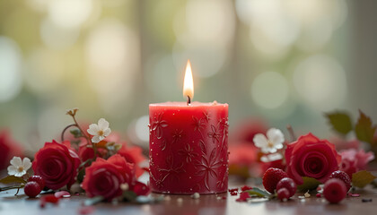christmas candles and red rose closeup view