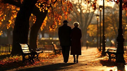 Elderly couple strolling through vibrant autumn park, golden leaves falling, warm sunlight filtering through trees, serene atmosphere