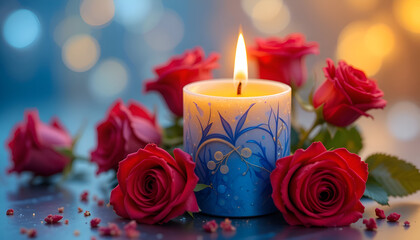 A serene arrangement of roses and candles for a romantic ambiance. concept
